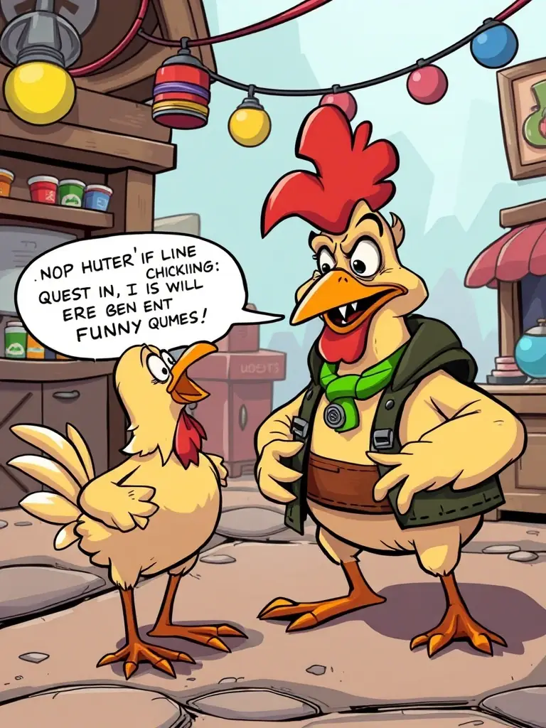A humorous in-game scene from Chicken Run, depicting the chicken character interacting with a quirky NPC during a funny quest.