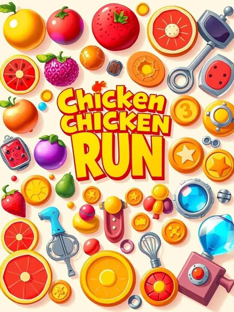 A collage of various items and collectibles found within the Chicken Run game, showcasing the range of objects players can discover and use.